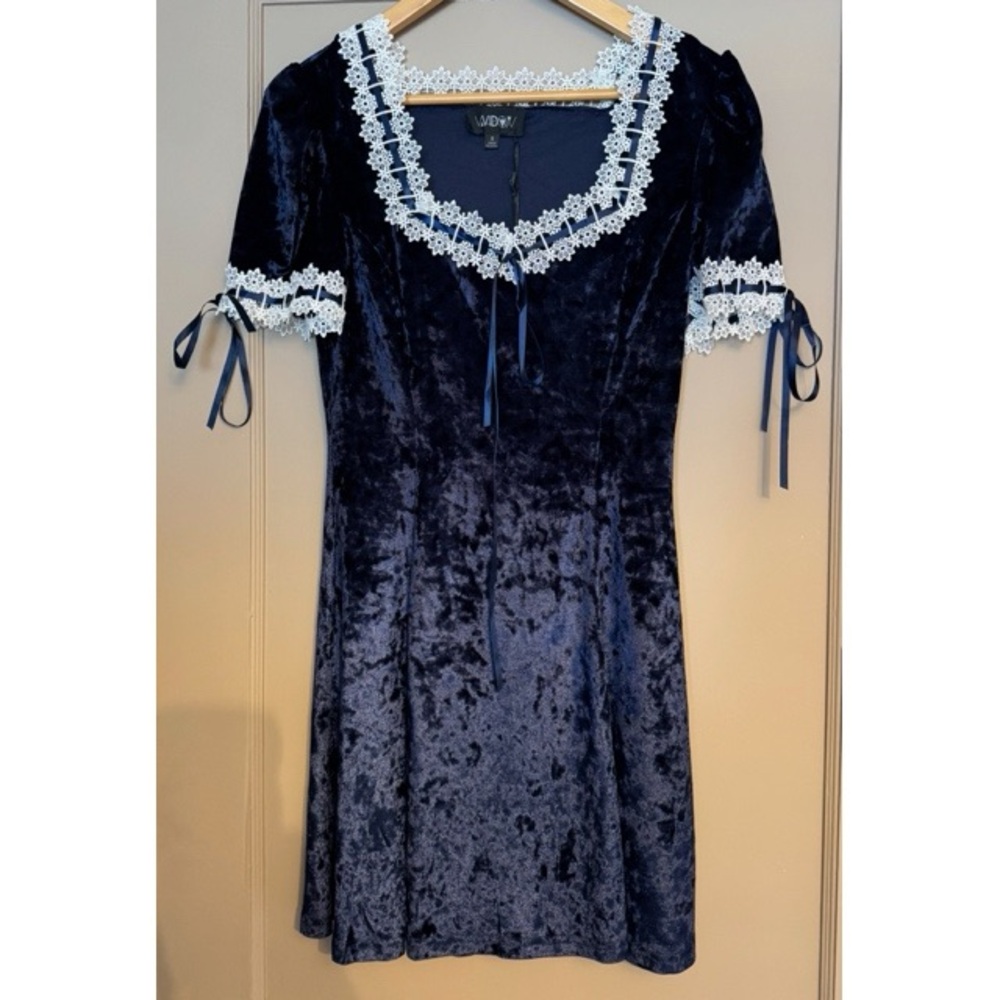Dollskill Widow-Elegant Velvet Dress with Lace Trim- Size Small